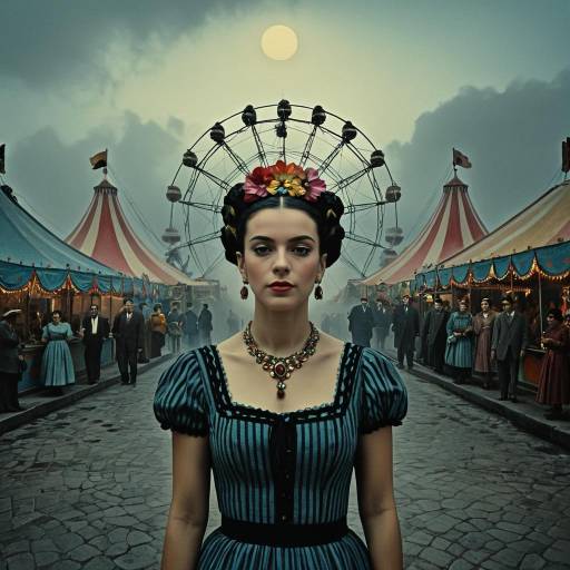 Woman in Vintage Dress at Twilight Carnival