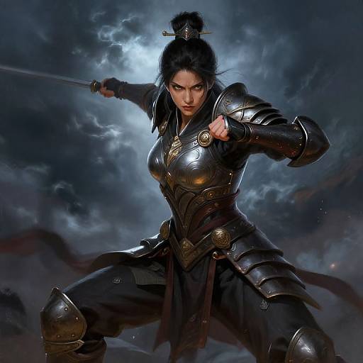 Digital art of a fierce Asian woman warrior in dark, reflective armor, holding a sword, with a stormy, cloudy sky background.