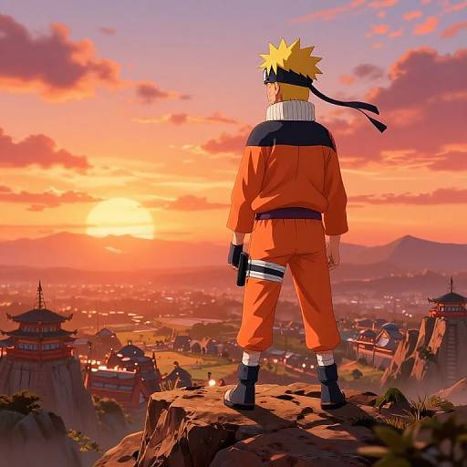 Digital anime artwork of Naruto standing on a cliff, back to viewer, wearing orange gi and black headband, watching a vibrant sunset over a traditional Japanese
