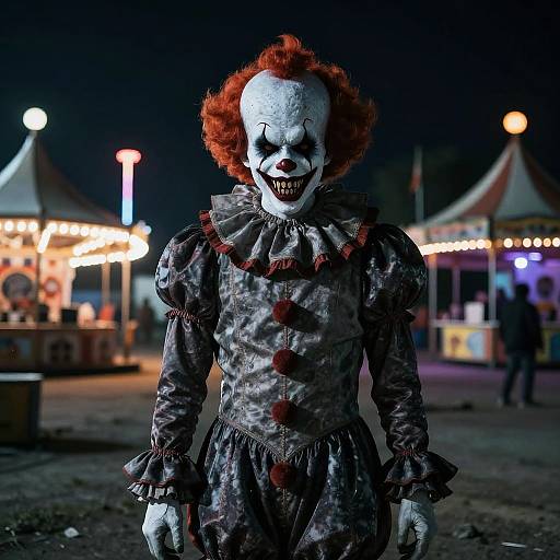 Nighttime photograph of a creepy, pale-faced clown with red hair, bloodstained costume, and sinister grin, standing in a brightly lit carnival.