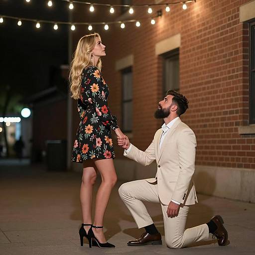 Man Kneeling and Holding Woman's Hand at Night