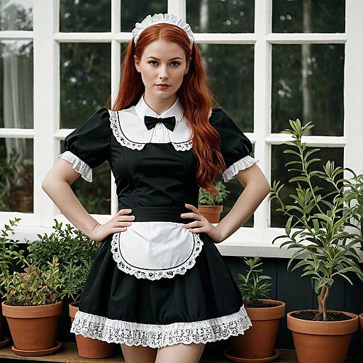 Young Woman in Traditional French Maid Outfit Outdoors