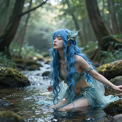 Mystical Woman with Blue Hair in Forest Stream