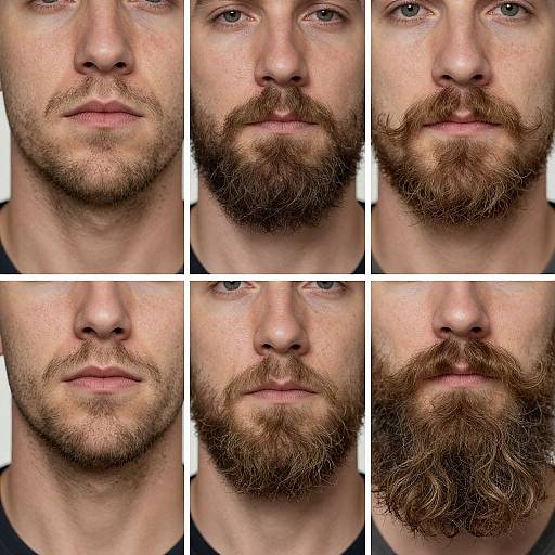 Photographic collage of six close-up shots of a Caucasian man's face, showcasing different stages of his brown, wavy beard growth.