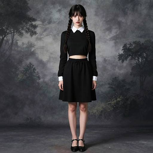 Woman in Wednesday Addams Inspired Outfit with Braided Pigtails