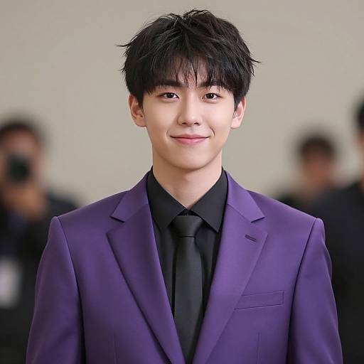 Photograph of an Asian man with straight black hair, wearing a purple suit, black shirt, and tie, smiling softly against a blurred background with ind
