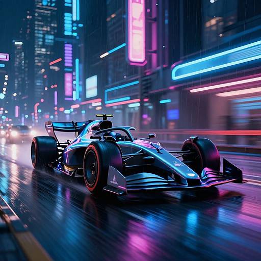 Neon-lit, futuristic city night scene with a sleek, black racing car speeding on wet streets, illuminated by vibrant pink, blue, and purple