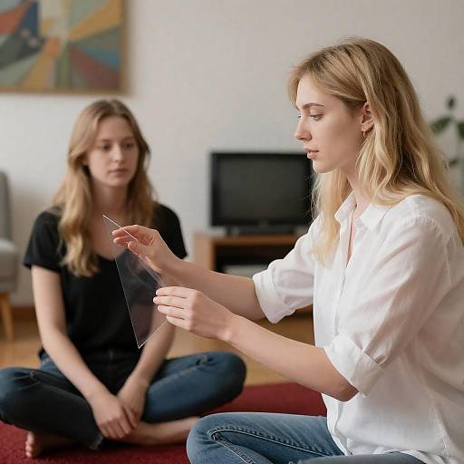 Two Blonde Women with Transparent Sheet Indoors