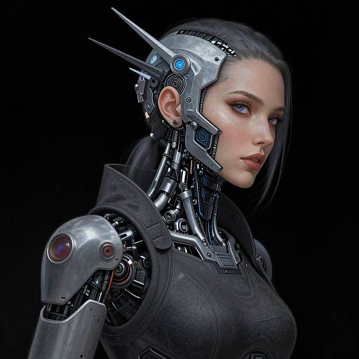Digital CGI of a cybernetic woman with pale skin, black hair, and blue eyes. She wears a black leather top with silver robotic enhancements on
