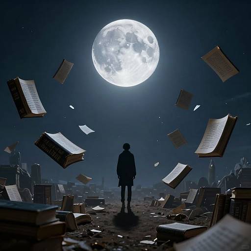 Silhouetted figure stands under glowing full moon, surrounded by floating, open books in a dark, starry night sky. Photorealistic digital