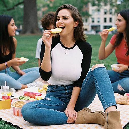 Photograph of a smiling woman with long brown hair, white and black raglan shirt, blue jeans, and beige boots, eating a hot dog at