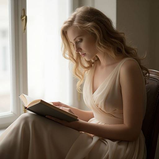 Photograph of a fair-skinned, blonde woman in a white, sleeveless, V-neck dress, reading a book by soft sunlight streaming through a