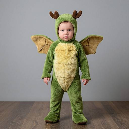 Photograph of a baby in a green, fuzzy dragon onesie with brown antlers, yellow chest, and brown wings, standing on a wooden floor