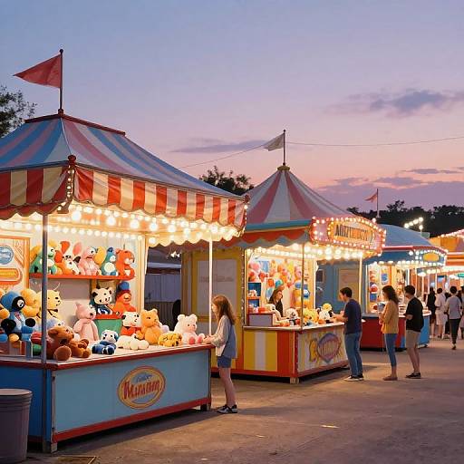 Photograph of a colorful carnival at dusk, featuring brightly lit stuffed animal stands with red and white striped awnings and a crowd of people browsing.