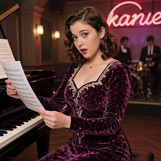 Photograph of a fair-skinned woman with curly brown hair, wearing a purple velvet dress with gold trim, playing a piano in a dimly lit