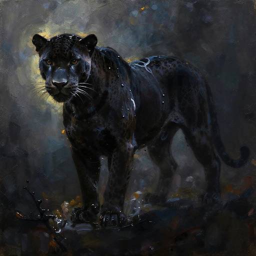 Digital painting of a dark, glowing-eyed panther with a halo effect, standing in a shadowy, abstract forest background.