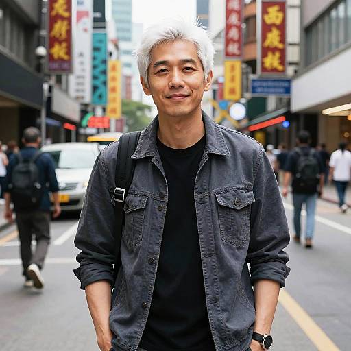 Photograph of an Asian man with short gray hair, wearing a black denim jacket and black shirt, standing on a busy urban street with colorful vertical signs