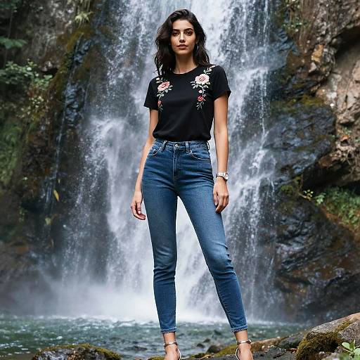 Chic Woman by Waterfall in Mappa Style