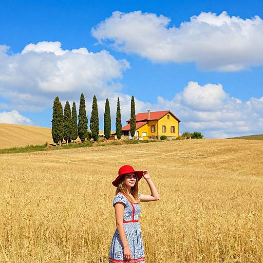 Photograph of a young woman in a blue polka dot dress and red hat, standing in a golden wheat field, with a yellow house and tall