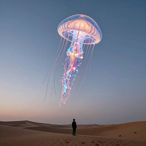 Photograph of a lone person in a desert at dusk, gazing up at a large, glowing, multicolored jellyfish-like creature floating in