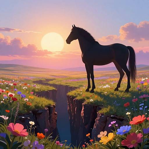 Digital painting of a silhouetted horse standing on a grassy cliff at sunset, surrounded by vibrant flowers and a deep chasm below, with