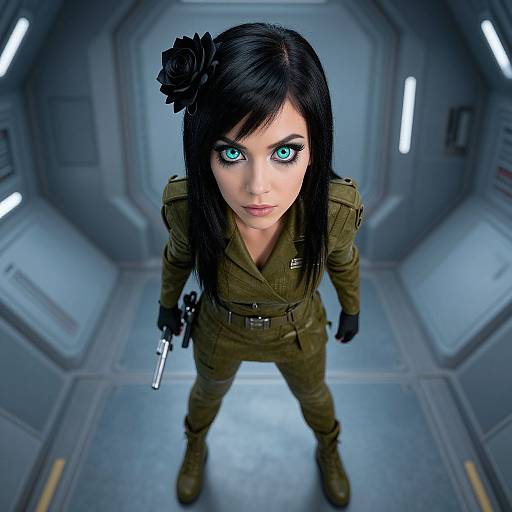 Digital art of a strikingly beautiful woman with blue eyes, black hair, and a floral hairpin, wearing a green military jumpsuit, black gloves