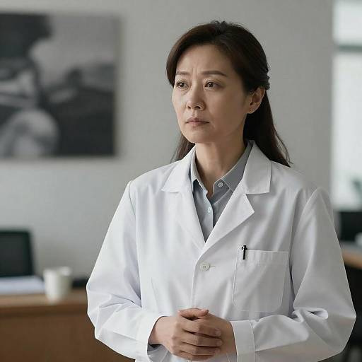 Serious Middle-Aged Woman in Lab Coat