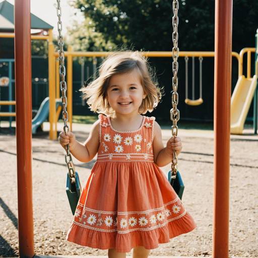 Smiling Toddler Girl on Swing in Coral Sundress
