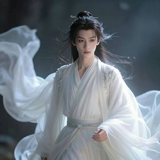 Photograph of an East Asian man with long black hair in a white, flowing traditional kimono, illuminated by soft blue light, against a dark background