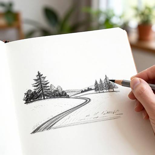 Photograph of a hand drawing a black pencil sketch of a winding road and trees on white paper, with blurred green plants in the background.