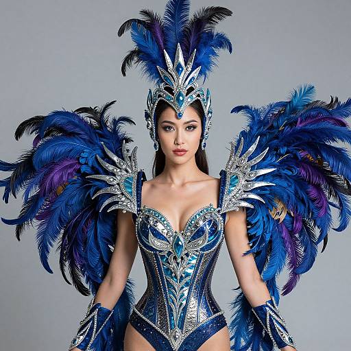 Photograph of an Asian woman in an elaborate blue and silver feathered Mardi Gras costume with intricate corset details and headpiece, set against