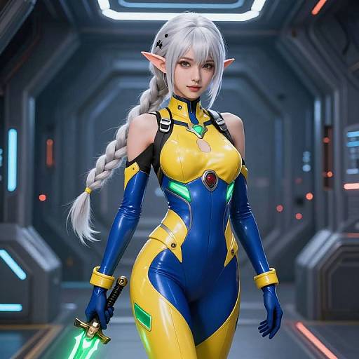 Digital artwork of an elf woman with silver hair in a braid, wearing a tight, blue and yellow sci-fi bodysuit, holding a glowing