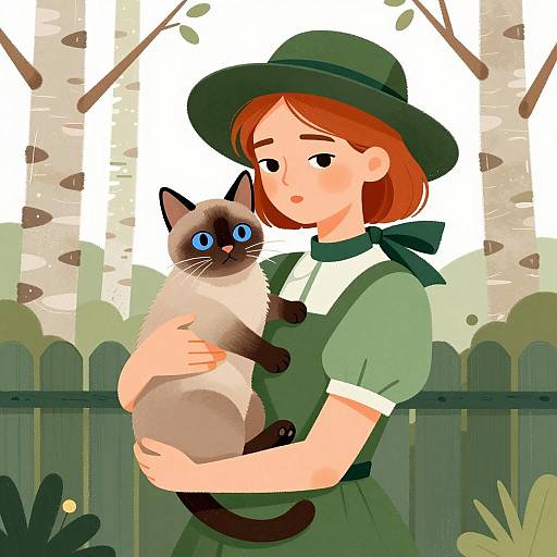 Woman Holding Siamese Cat in Green Outfit