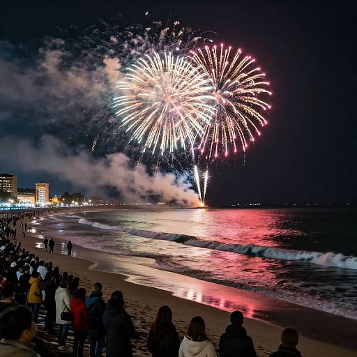 Nighttime beach photograph of a large crowd watching vibrant red, white, and blue fireworks explode over the ocean, reflecting on wet sand.