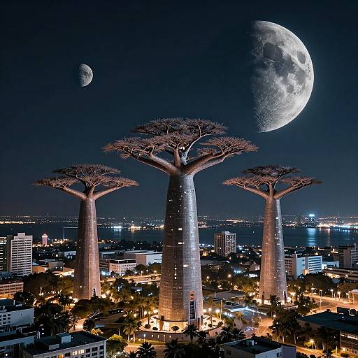 Photograph of a night cityscape with three illuminated, towering Baobab trees, a large full moon, and a smaller crescent moon in a
