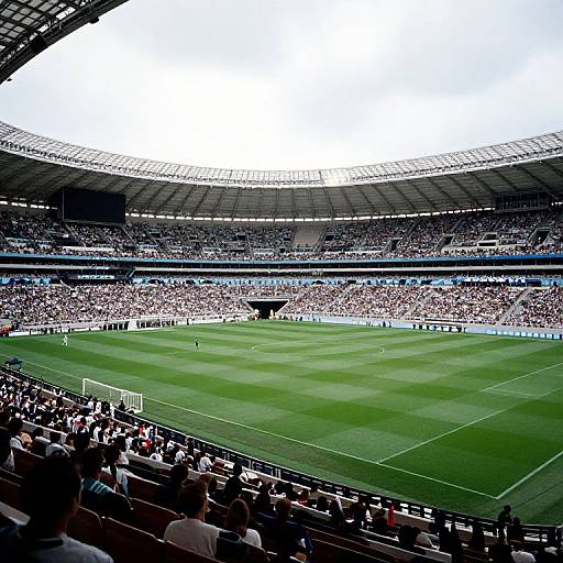 Photograph of a large, packed stadium with vibrant green field, white goalposts, and thousands of spectators, taken from a lower seat.