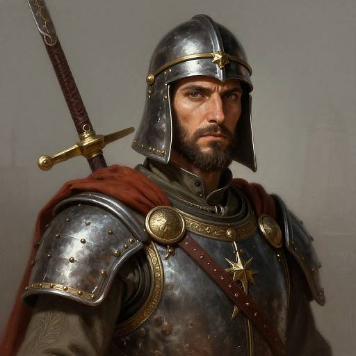 Digital artwork of a serious, bearded medieval knight in polished steel armor, red cape, and gold star emblem, with sword on back.