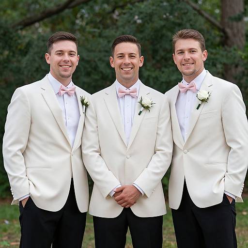Photograph of three smiling, Caucasian men in white tuxedos with pink bow ties and white rose boutonnieres, standing outdoors.