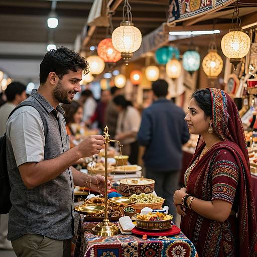Photograph of a young Indian couple at a bustling market stall, the man in a gray vest and white shirt, the woman in a colorful traditional sare