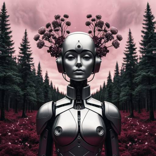 Silver Robot Woman in Maroon Forest