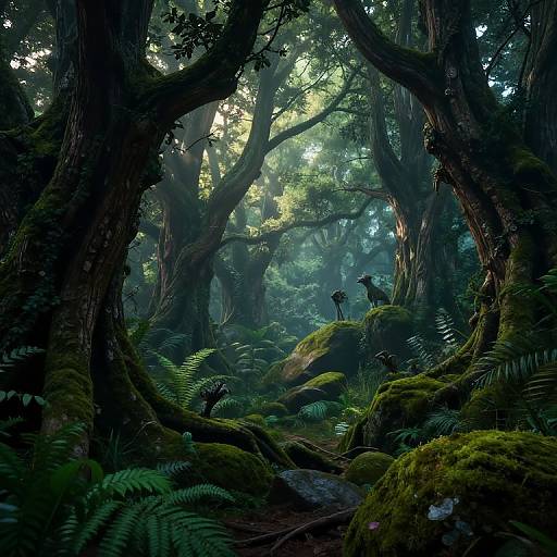 Photograph of a dense, misty forest with tall, moss-covered trees and ferns. A lone figure with a backpack stands amidst the greenery