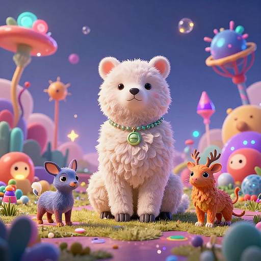 Whimsical digital illustration of a fluffy white dog with a green collar, flanked by a blue baby deer and an orange fawn, in a