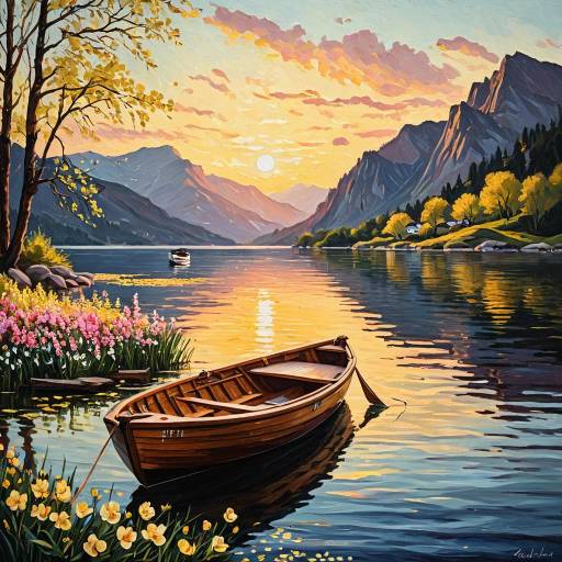 Wooden Boat on Mountain Lake at Sunset