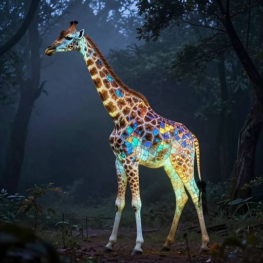 Iridescent Giraffe in Misty Forest