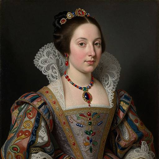 Baroque-style portrait of a young woman with fair skin, brown hair, wearing an ornate dress, lace collar, jeweled necklace, and ti