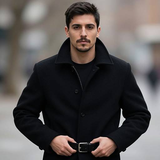 Photograph of a handsome, dark-haired man with a trimmed beard, wearing a black coat, standing in a blurred urban background.