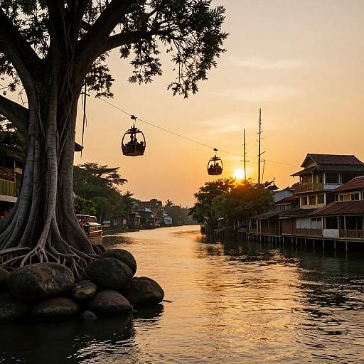 Photograph of a serene sunset over a calm river, with silhouetted trees, traditional wooden houses, and hanging cable cars. Warm orange and