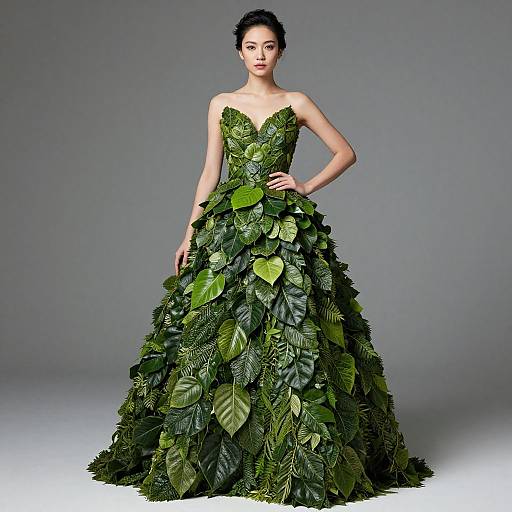 Photograph of an Asian woman with dark hair in an elaborate, strapless green leaf dress, standing against a gray studio background.