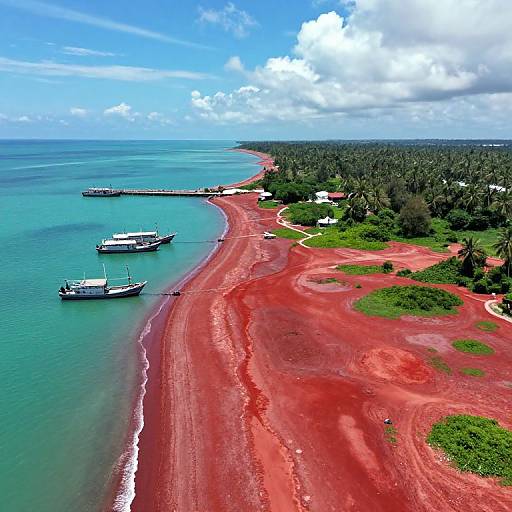 Aerial photograph of a vibrant red beach with turquoise water, three white yachts, lush green forest, and a cloudy blue sky.
