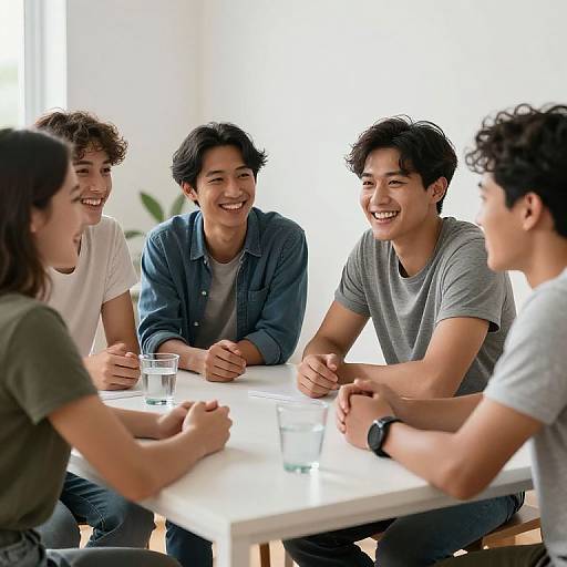 Photograph of five young Asian men, smiling and laughing around a white table, wearing casual clothes, with water glasses in front. Bright, modern background